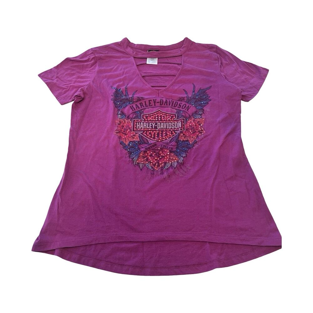Harley-Davidson Womens Magenta‎ Rhinestone Rose Graphic Tee Strappy Neck Large